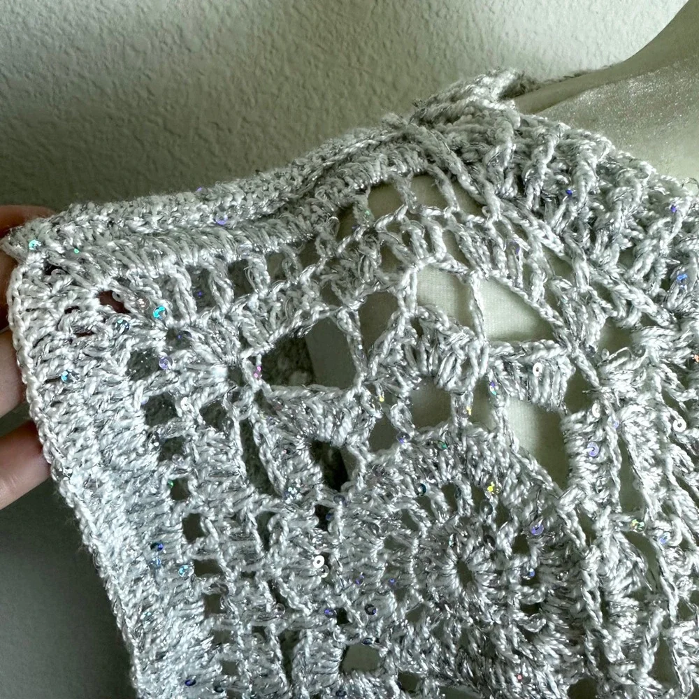 Handmade Silver Metallic Crochet Sequin Granny Square Crop Top Festival Boho